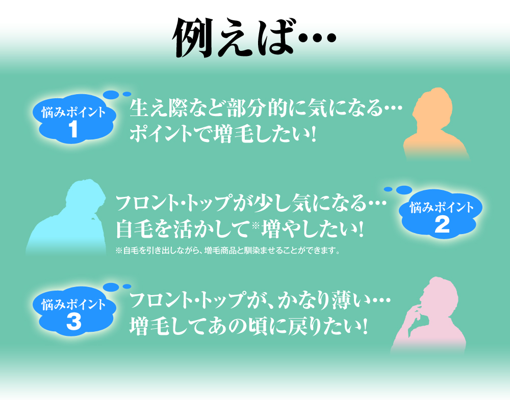 悩みポイント1生え際など部分的に気になる・・・
ピンポイントで増毛したい！　
悩みポイント2フロント・トップが少し気になる・・・
自毛を活かして増やしたい！※自毛を引き出しながら、増毛商品と馴染ませることができます。　
悩みポイント3フロント・トップが、かなり薄い・・・
増毛してあの頃に戻りたい！