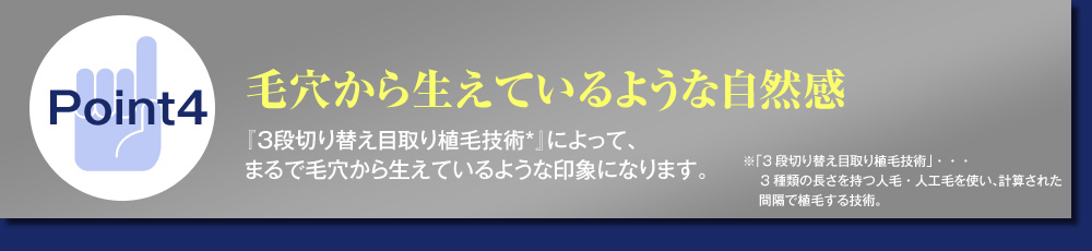 Point4毛穴から生えているような自然感 『３段切り替え目取り植毛技術*』によって、
まるで毛穴から生えているような印象になります。